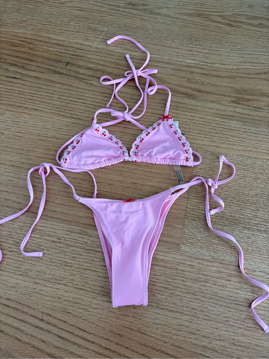 Pink Triangle String Bikini with Embroidered Trim Size XS
