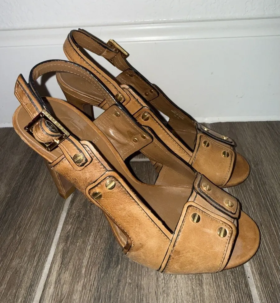 Tory Burch Naomi sz 5.5 sling back tan leather peep toe pumps