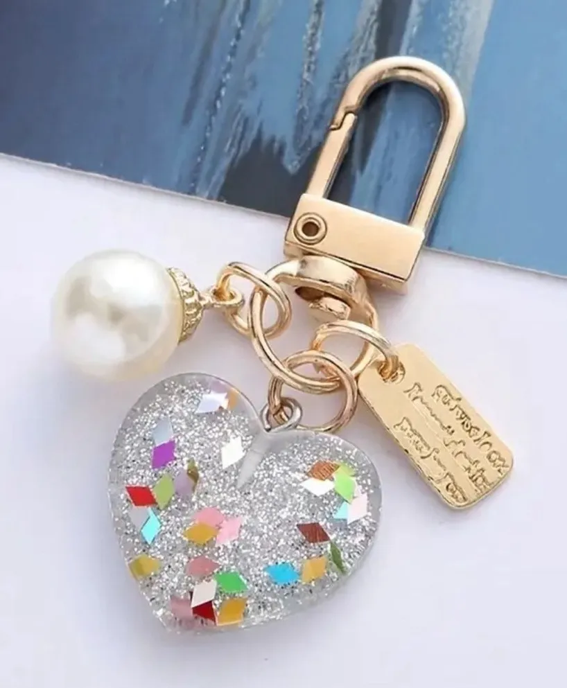 NEW Clear Glitter Heart Pearl Gold Bag Charm Key Ring Accessory Silver