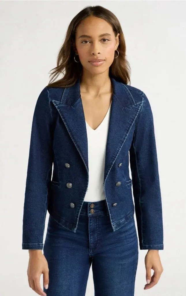 Sofia Vergara Dark wash denim cropped jacket v neck fitted Blazer Blue