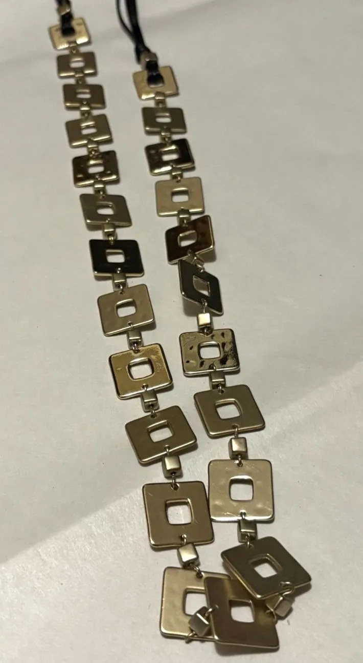 Chico's Gold Tone Station Necklace Hammered Metal Square Link Bohemian