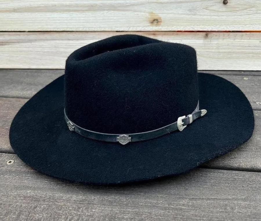Vintage Black Wool Harley Davidson Cowboy Hat w/ Leather Strap Silver Buckle USA