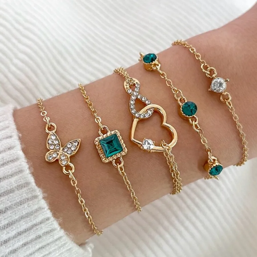 Set of 5 Elegant Gold and Emerald Bracelets