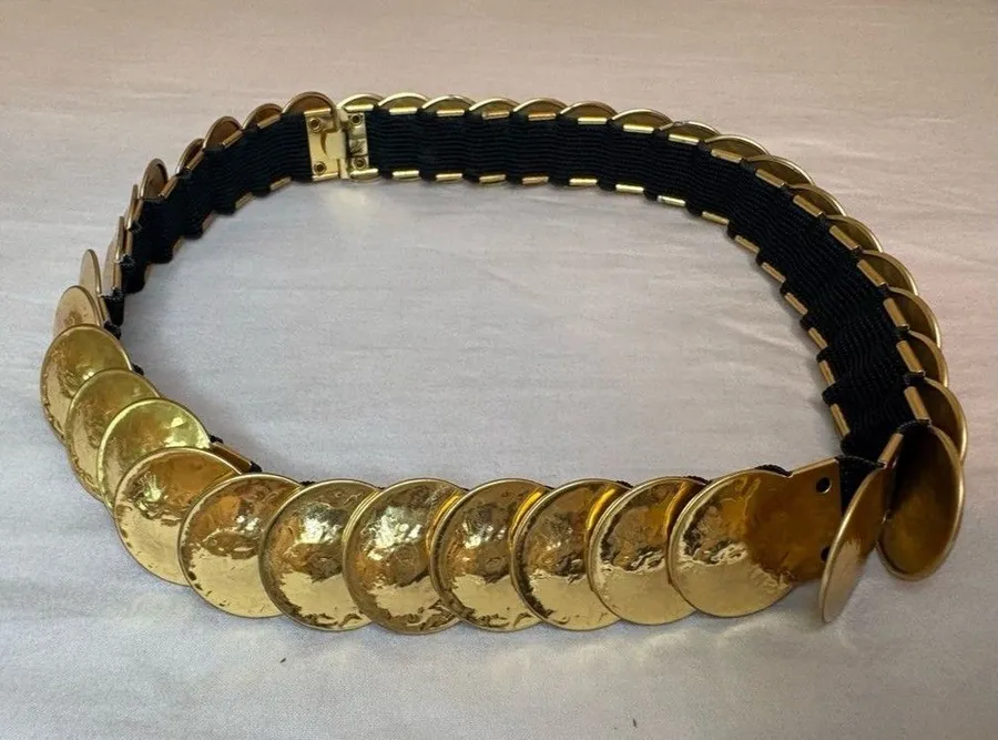 Vintage Gold Tone Disc Coin Belt Black Stretch Adjustable Statement Belt