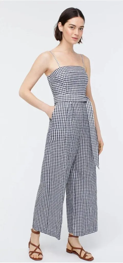 NWT J.Crew Tie-waist Linen Jumpsuit in Navy White Gingham Belted 1-Piece 4