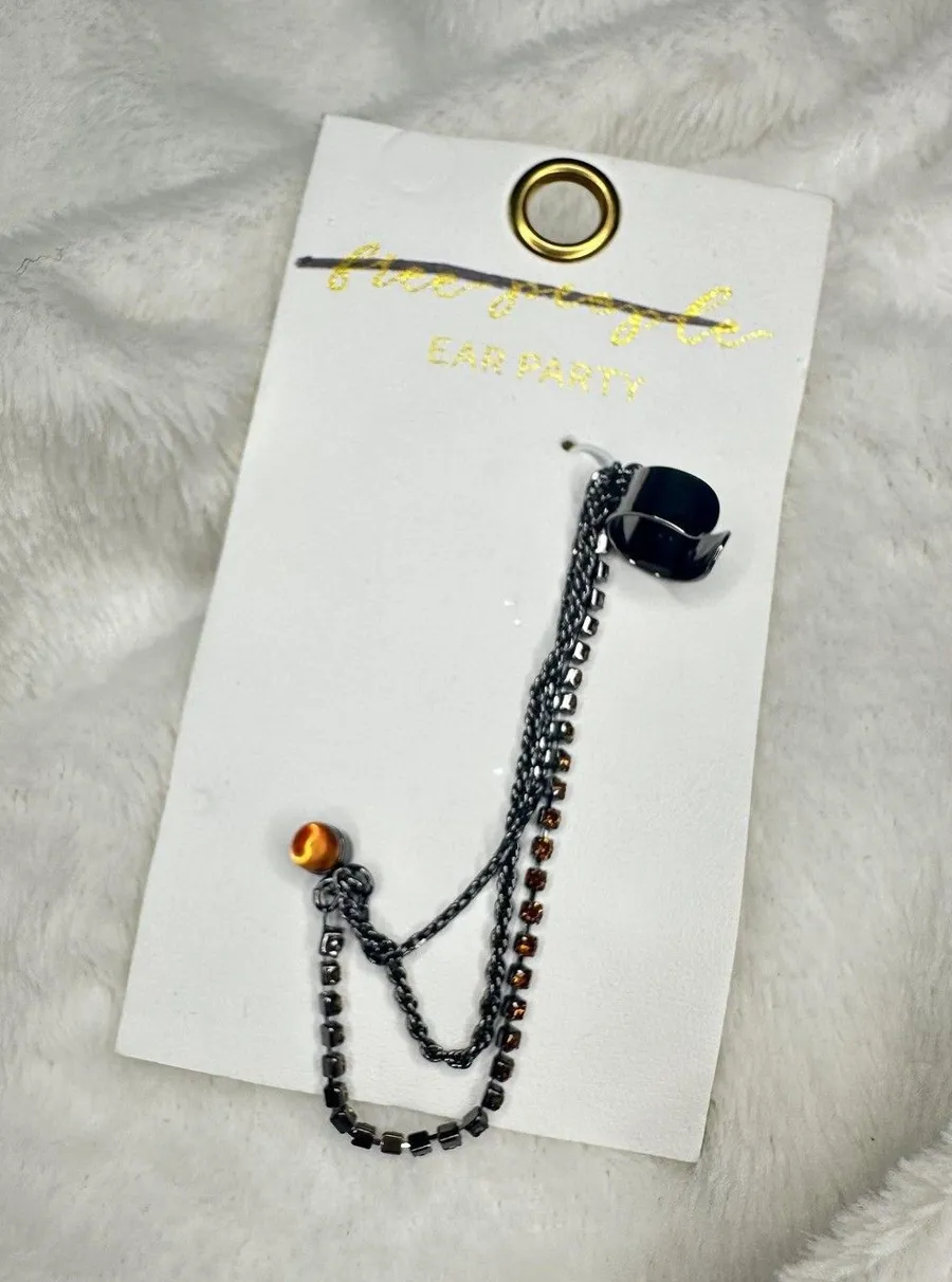 NEW Free People Ear Party Chain Cuff Earring Amber Rhinestone Gunmetal Bohemian