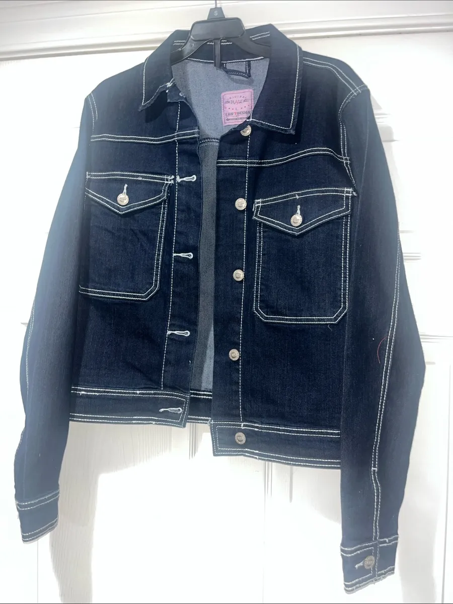 Women's Dark Indigo Denim Jacket with Contrast Stitching Blue Size L