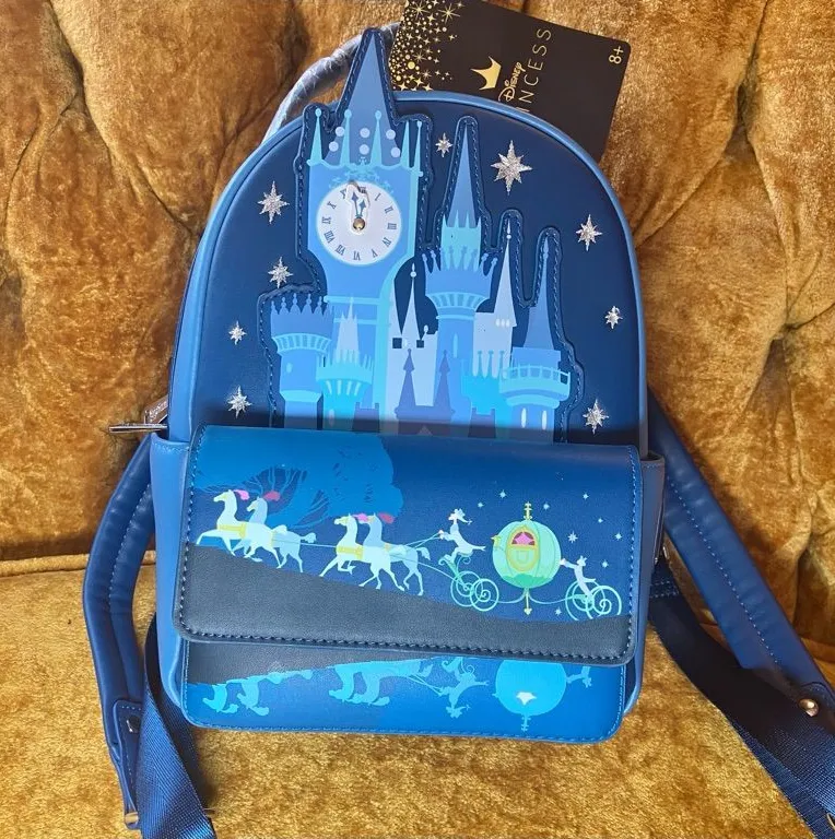 NWT Loungefly Disney Cinderella Night Castle Mini Backpack Clock Carriage Blue