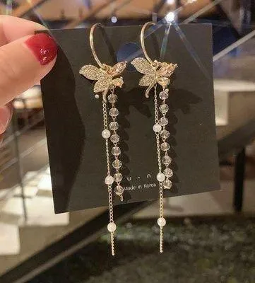 Gold Butterfly Crystal Pearl Long Tassel Dangle Drop Earrings for Women