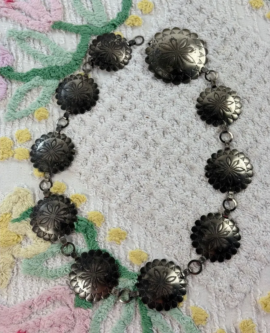 Vintage Silver Tone Concho Belt Western Boho Stamped Metal Link Chain 31 Inch