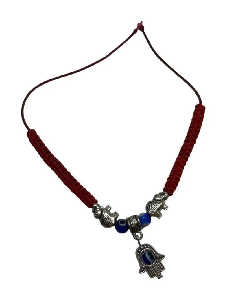 Red Braided Bracelet W/ Silver Elephant & Hamsa Charm Blue Beads Adjustable A393