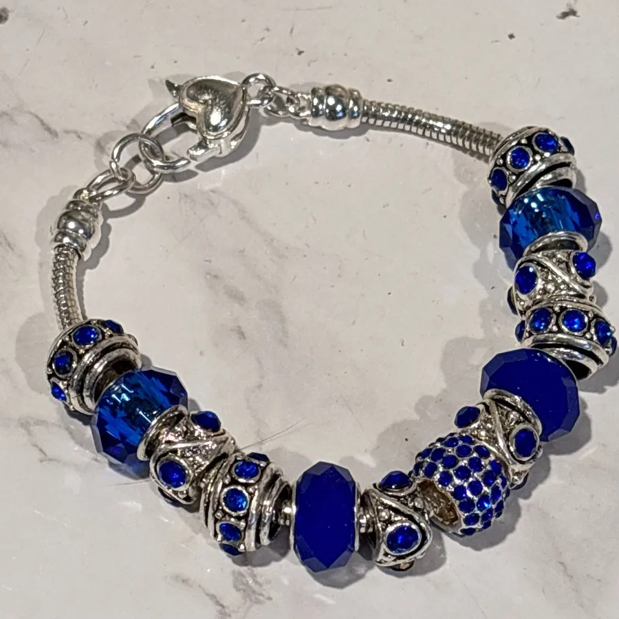 European Silver Tone Snake Chain Charm Bracelet Blue Crystal Beads