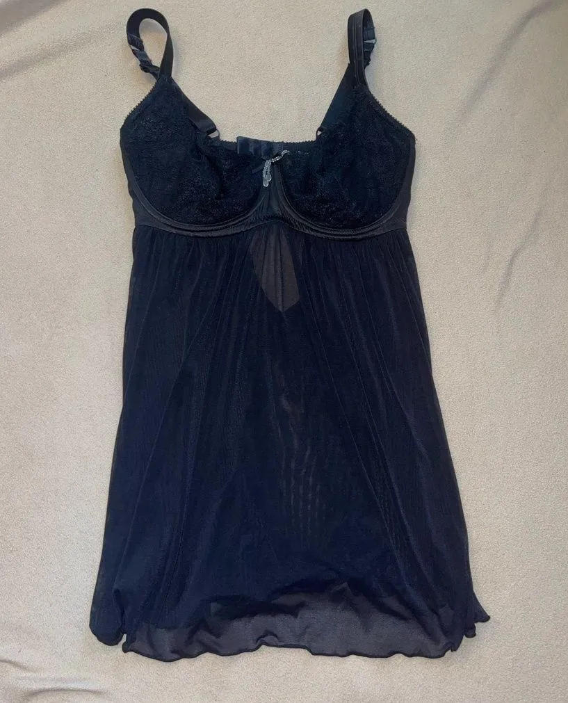 Parfait Black lace lingerie babydoll lingerie rhinestone chemise goth sexy M Size M