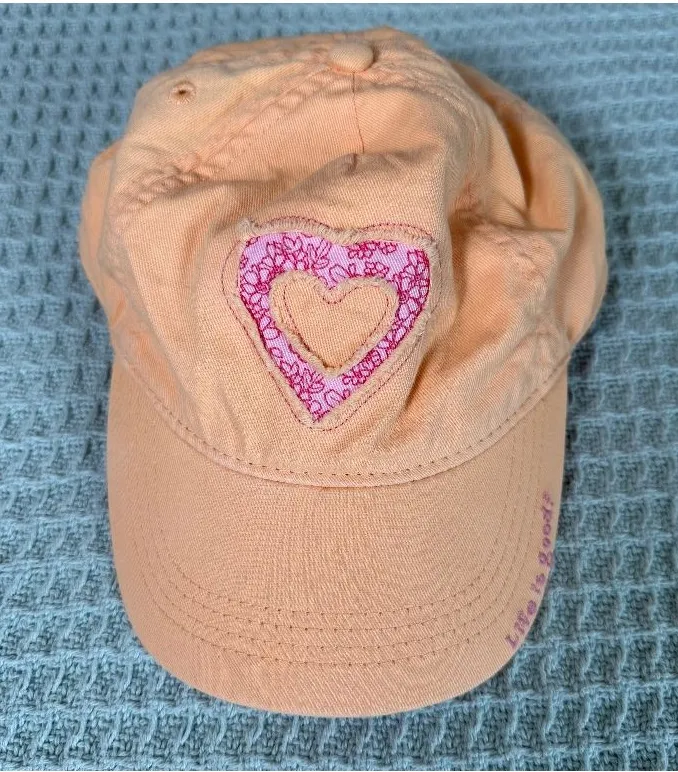 Life is Good Womens Baseball Cap Hat Orange Pink Heart Embroidered Applique