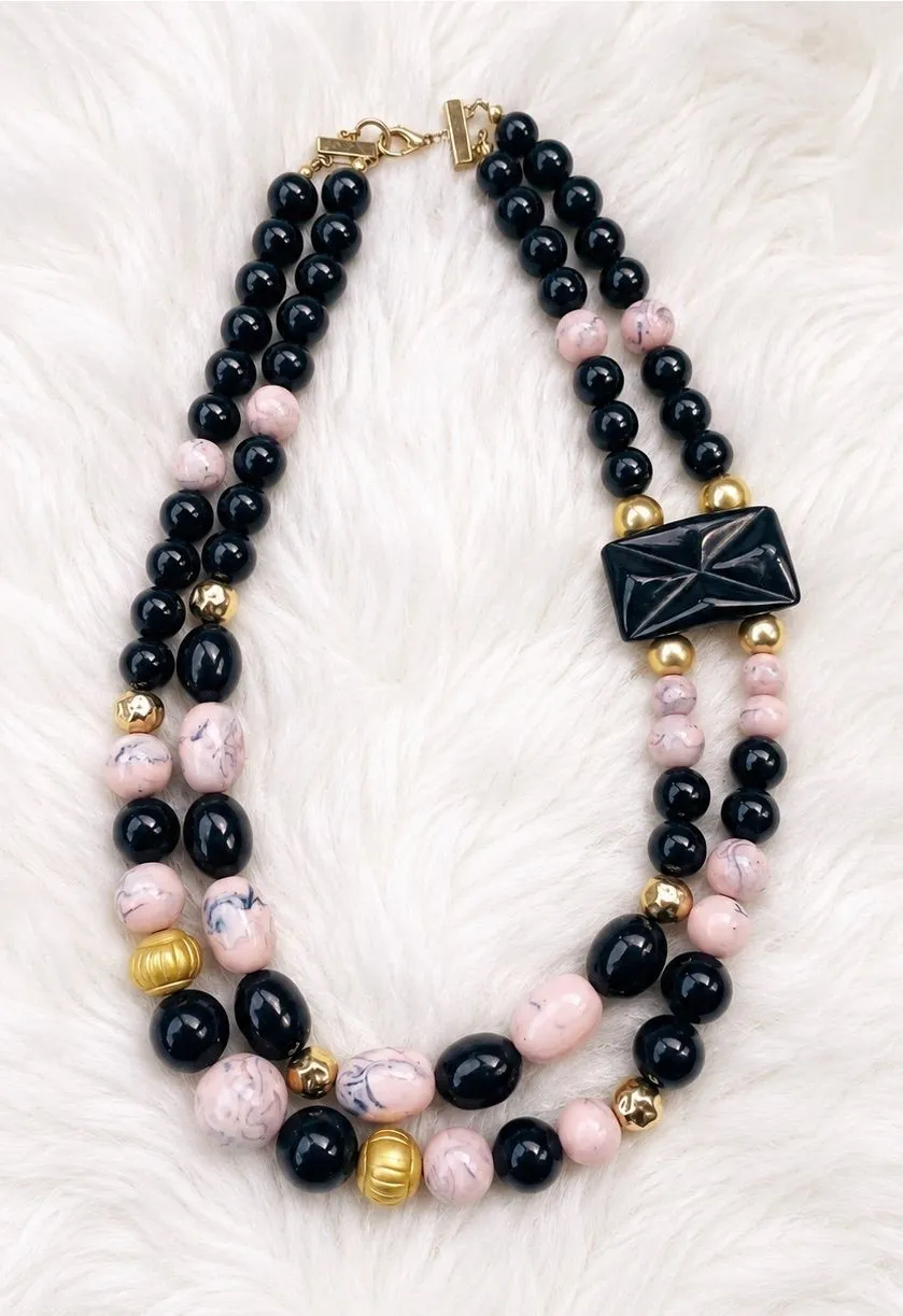Vintage Art Deco Style Statement Necklace | Marbled Pink & Blue Geometric