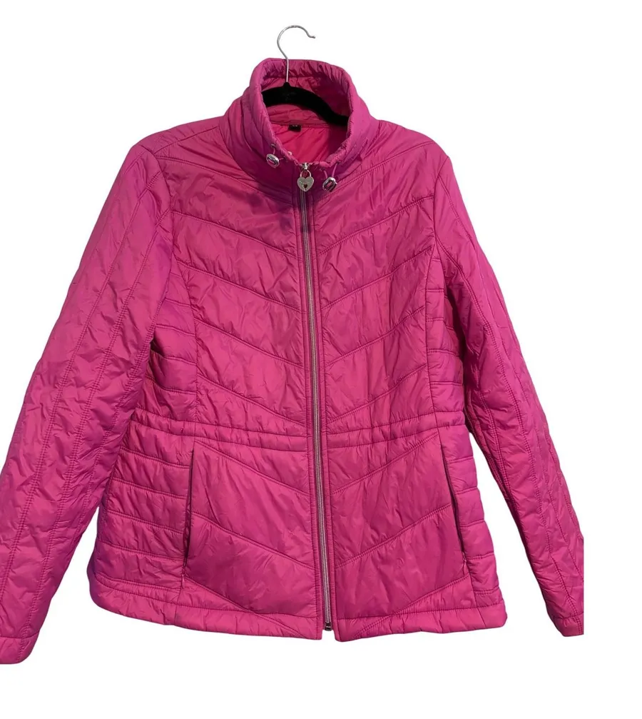 Guess Womens Fuchsia Pink Quilted Puffer Jacket Heart Padlock Zip Size Large