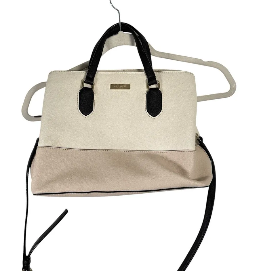 Kate Spade Evangelie Satchel Crossbody Purse Cement White Black Preppy READ