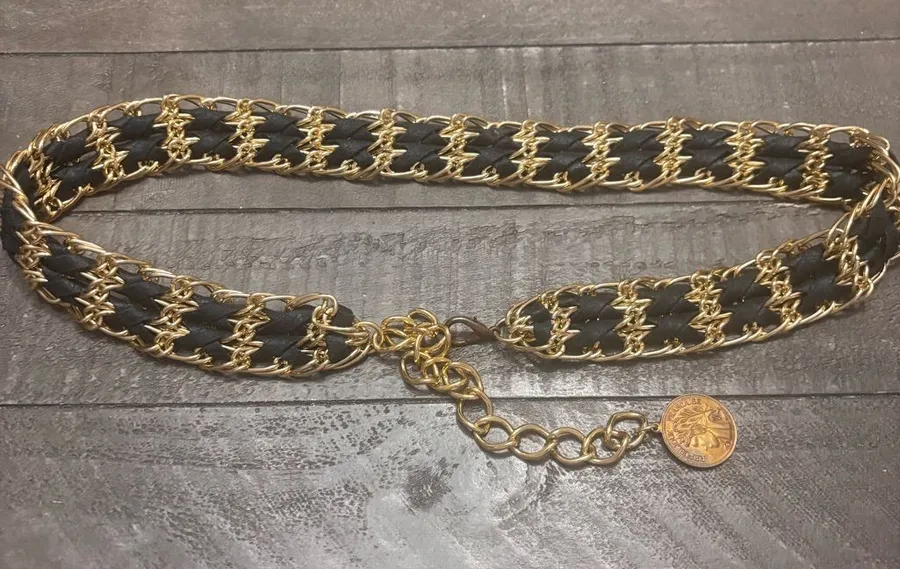 Vintage French Coin Chain Belt | Gold Woven Black Leather Medallion Waist Chain
