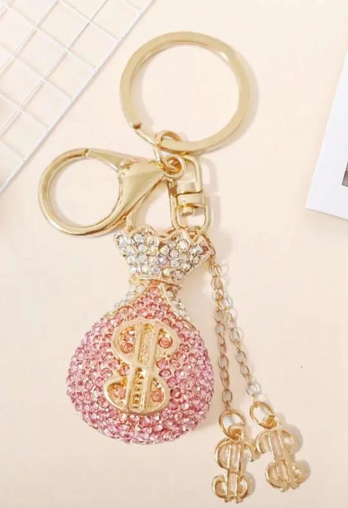 Crystal rhinestone, money, bag, purse, charm key ring Pink