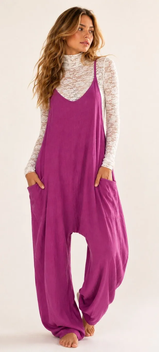 Hot Romper Magenta Jumpsuit Summer Pockets Yoga Lounge Clean Girl Quiet Luxury M