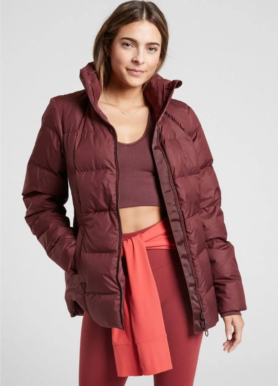 Athleta Downtown Burgundy Red Down Filled Zip Up Puffer Jacket