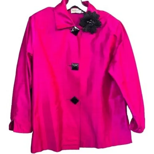 Vintage Painted Pony 100% Silk Jacket Hot Pink Fuchsia Black Brooch Medium USA Pink