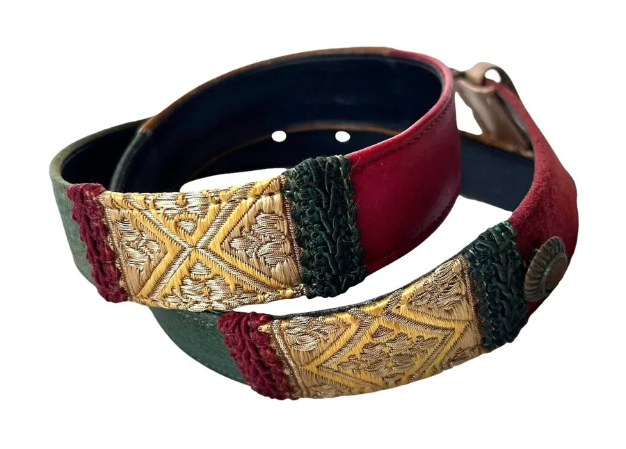 Vtg 90s Alden Howard Patchwork Boho Womens Belt Sz M Artisan Tapestry Equestrian Green