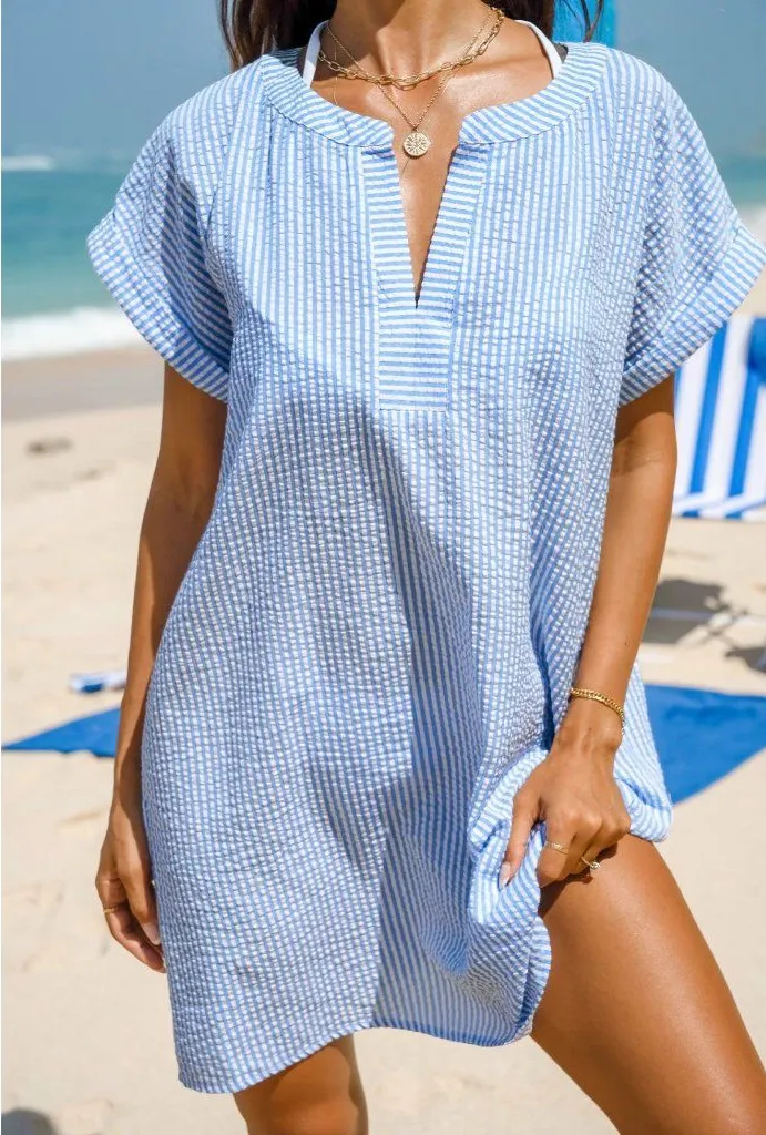 NWT Cupshe Blue and White Pinstriped Seersucker Cover-Up Dress - Size: Medium
