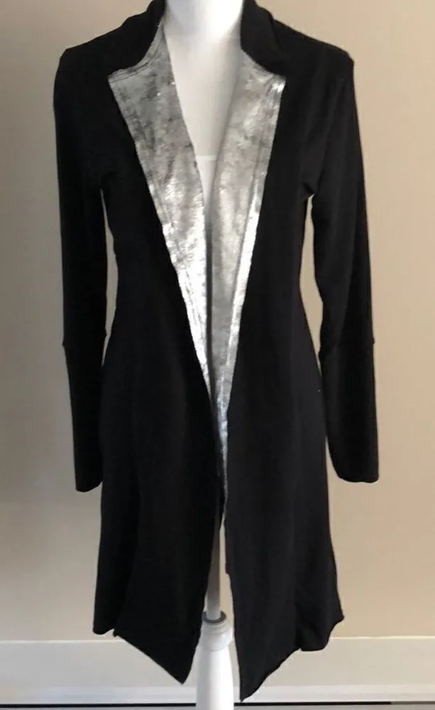Terez Black & Silver Velvet Lapel Duster Long Sweatshirt/Jacket