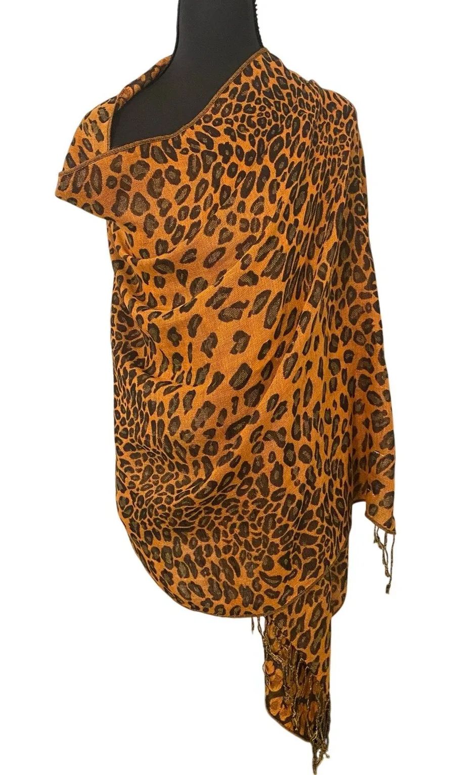 100% Pashmina Leopard Print Shawl Wrap Scarf Fringe Camel Black