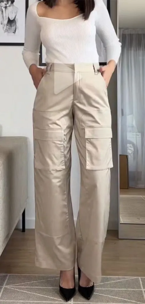 ZARA Wide Leg NWOT Cargo Pants Beige Satin Utility Pockets Women Size XS