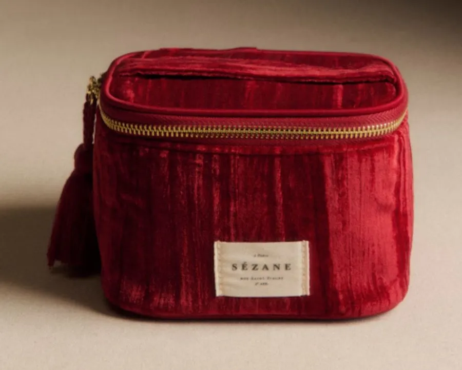 Sézane Crushed Red Velvet Cotton Lined Tassel Zipper Travel Case