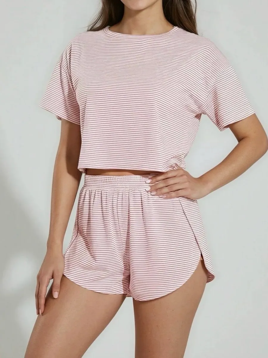 New NWOT Pink White Striped Pajama Lounge Set Size XL Soft Side Split Shorts