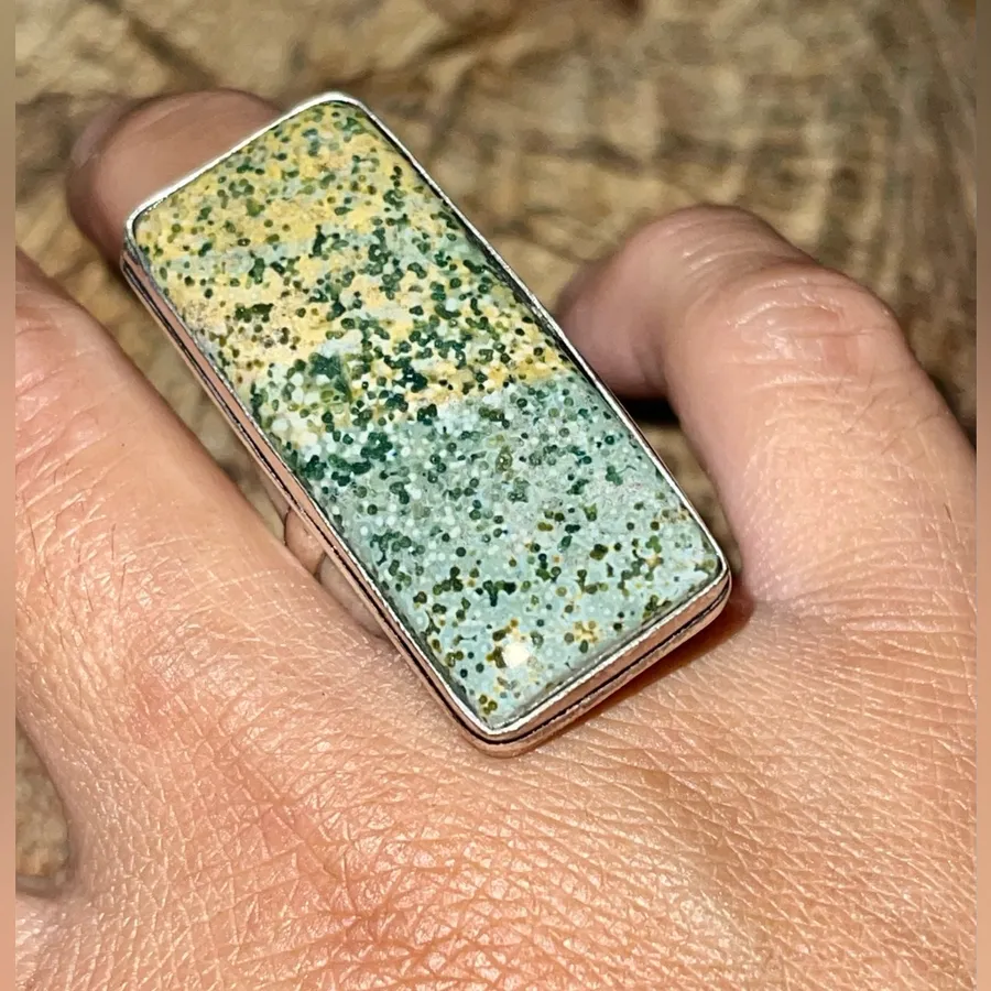 Large Green Ocean Jasper Ring Size 9 1/4 White