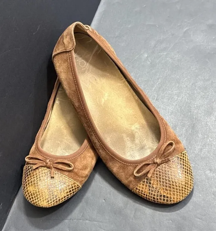 Vionic Spark Y2K Minna Brown Suede Snakeprint Ribbon Ballet Flats Women's 6.5