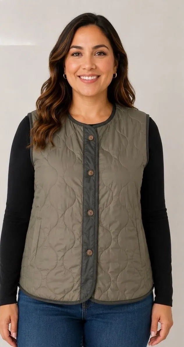 ASOS DESIGN Womens Quilted Vest Olive Green Onion Stitch Button Front Pockets XL