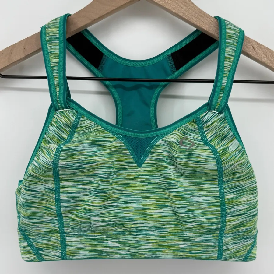 Moving Comfort Rebound Racerback Sports Bra Green 36B Hook Loop Straps 350037