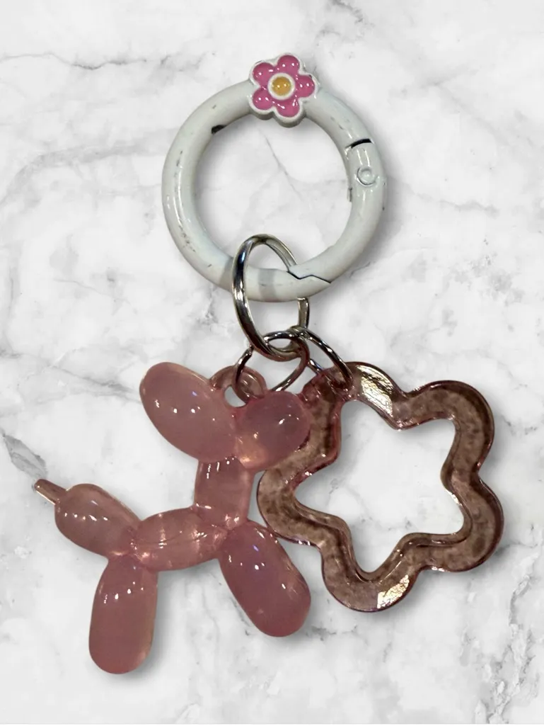 Pink Balloon Dog & Flower Keyring