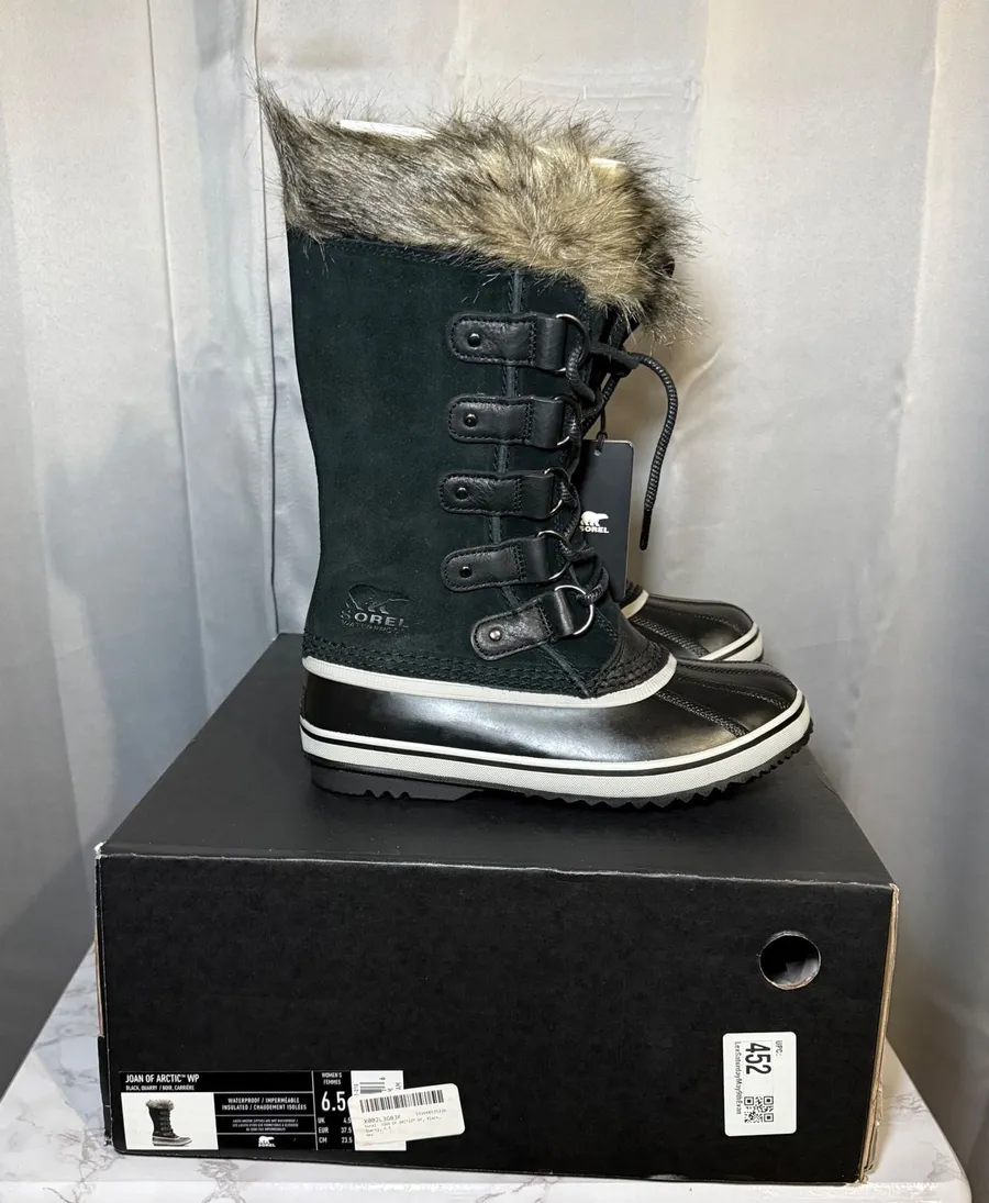 Sorel Joan of Arctic Boots Women 6.5 Black Waterproof Insulated Faux Fur Suede