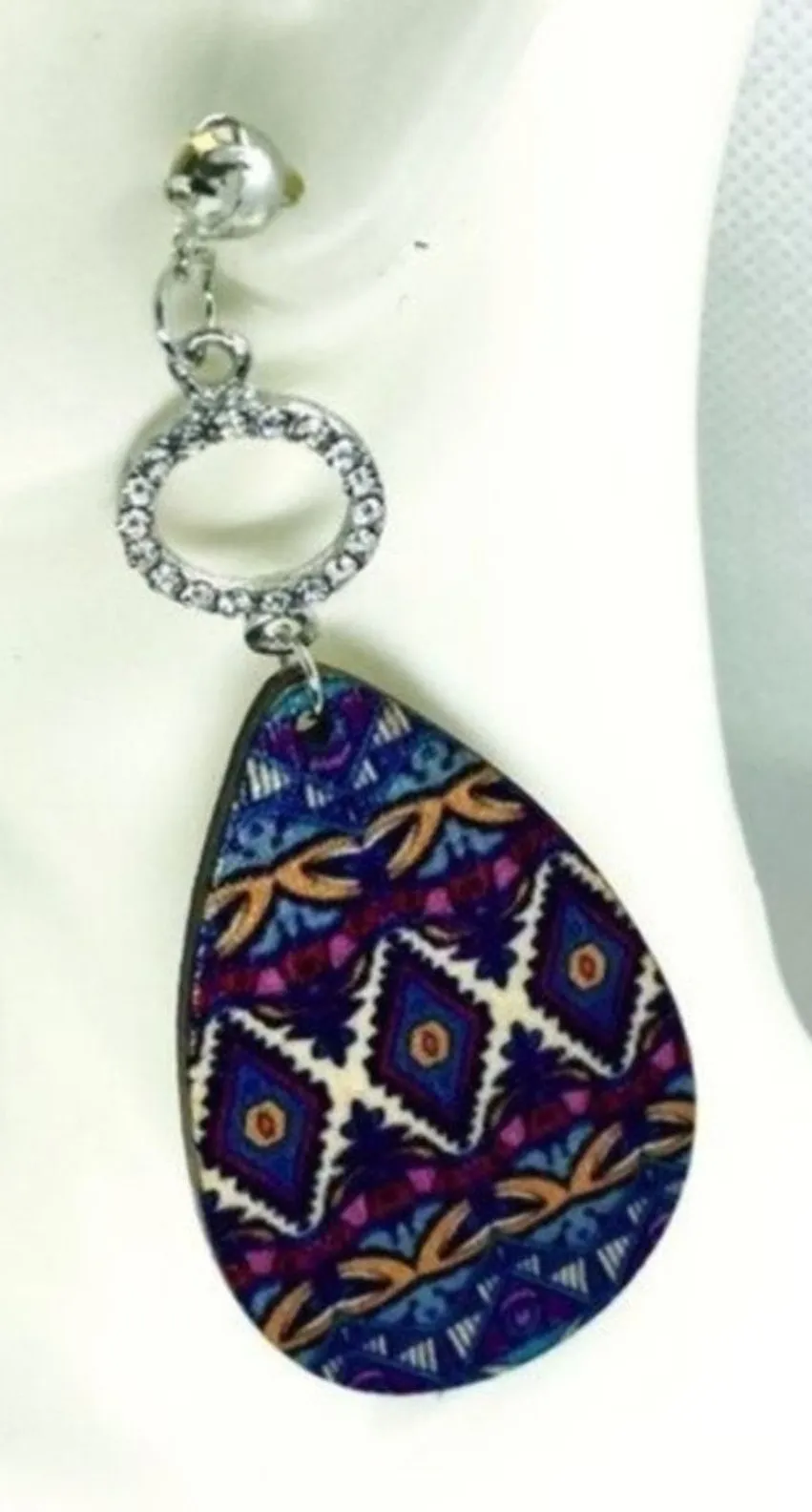 New NWT Silver-Tone Rhinestone Painted Wood Dangle Earrings