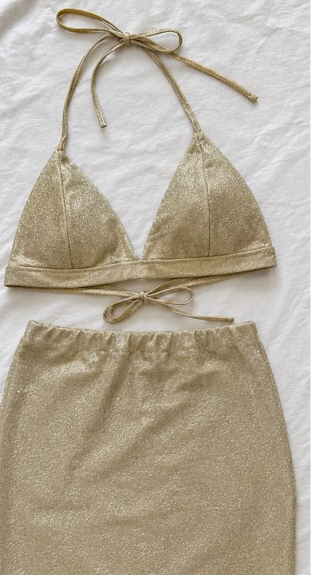 Gold Shimmer Two-Piece Set | Triangle Halter Top & Mini Skirt