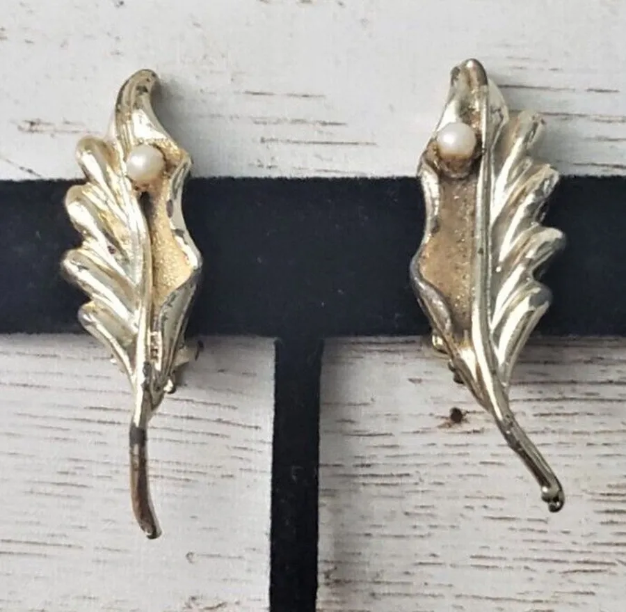 Vintage Clip On Earrings Chunky Long Gold Tone Leaf Faux Pearl Detail