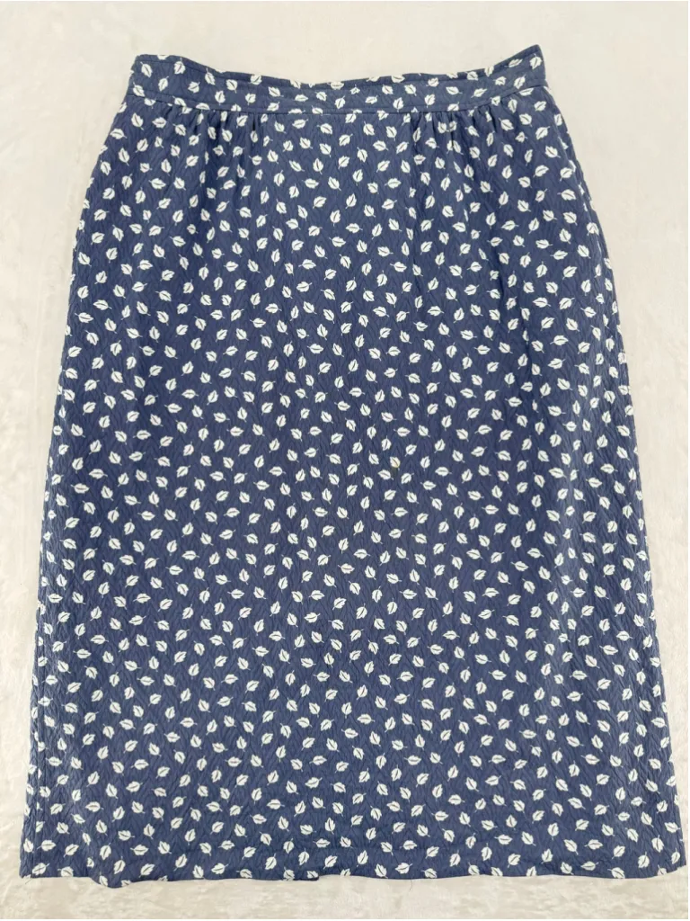 Vintage Straight Skirt Blue Gray with White Leaves Cottagecore Nature Medium