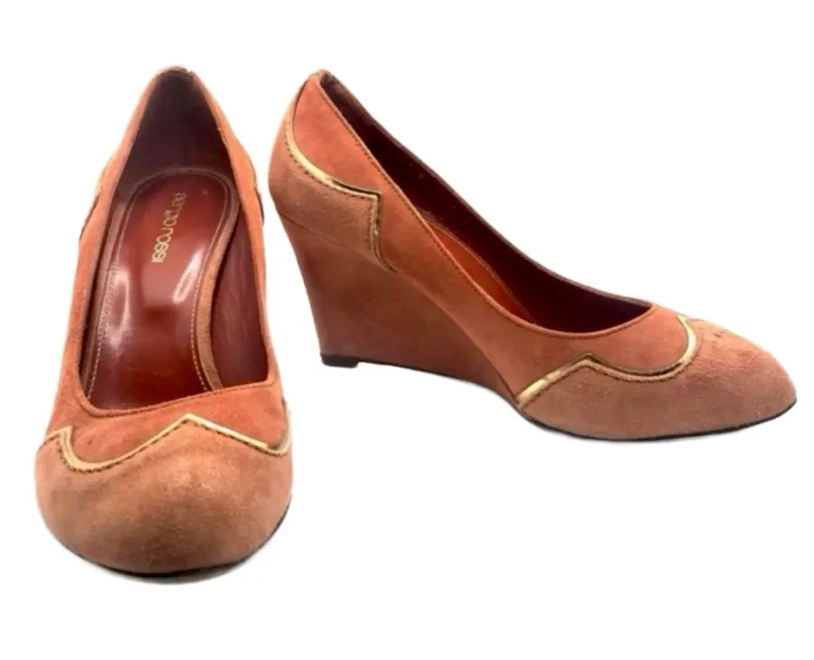 SERGIO ROSSI ORANGE SUEDE WITH GOLD ACCENTS WEDGE HEEL SHOES (36.5)