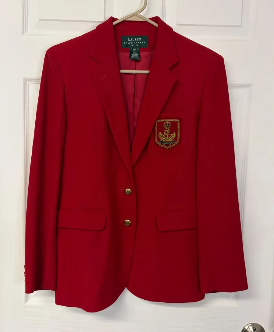 Lauren Ralph Lauren Red Worsted Wool Crest Blazer Petite 8P Gold Button USA Made