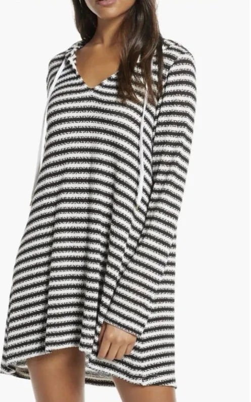 La Blanca Slouchy Hooded Sweater Cover-Up Tunic Black White Stripe Size S