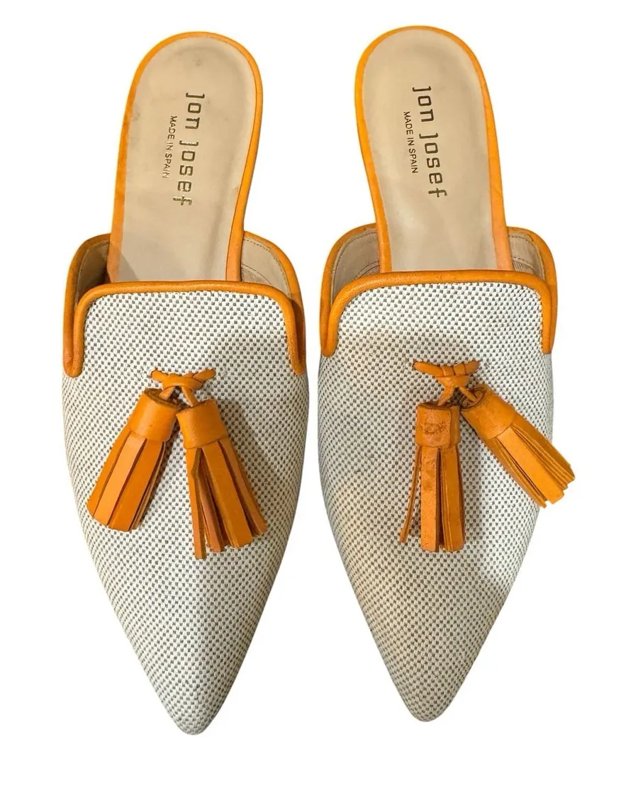 Jon Josef woven mules in orange and cream with tassel details Size 8