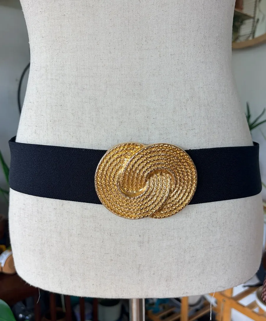 Vintage Nan Lewis Gold Swirl Textured Statement Belt Black Elastic Cinch