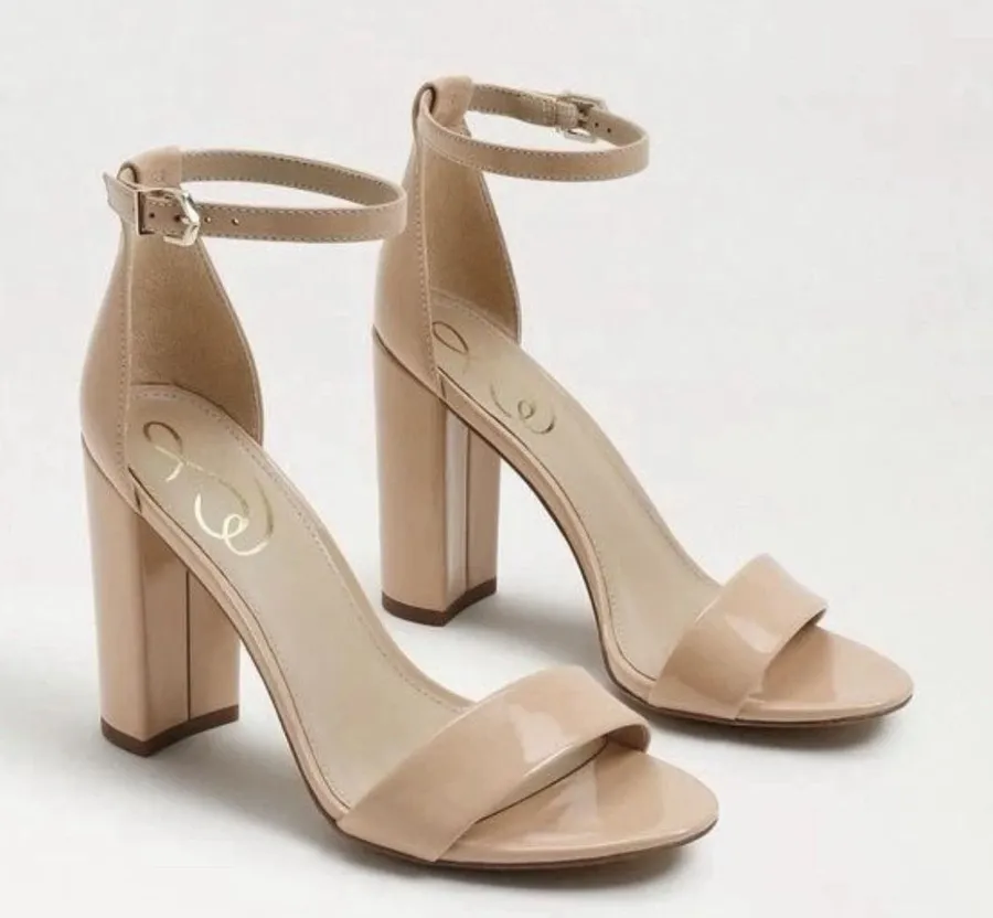 SAM EDELMAN Yaro Block Heel Sandal in Beige Patent Leather Size 9