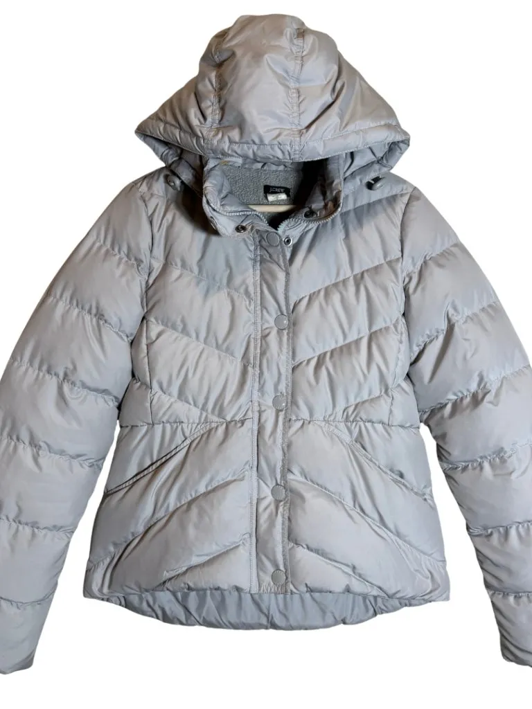 J. Crew Sherpa Lined Down Puffer Coat Women's Small Gray Hooded Jacket Outdoor